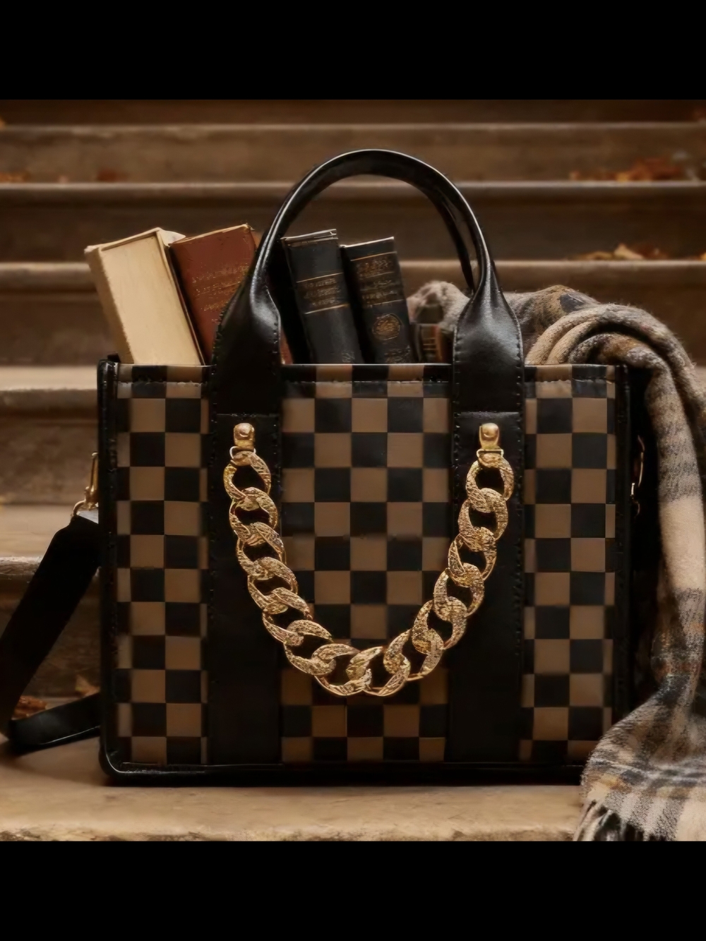Checker-Print Tote with Gold Chain Accent - Black & Brown